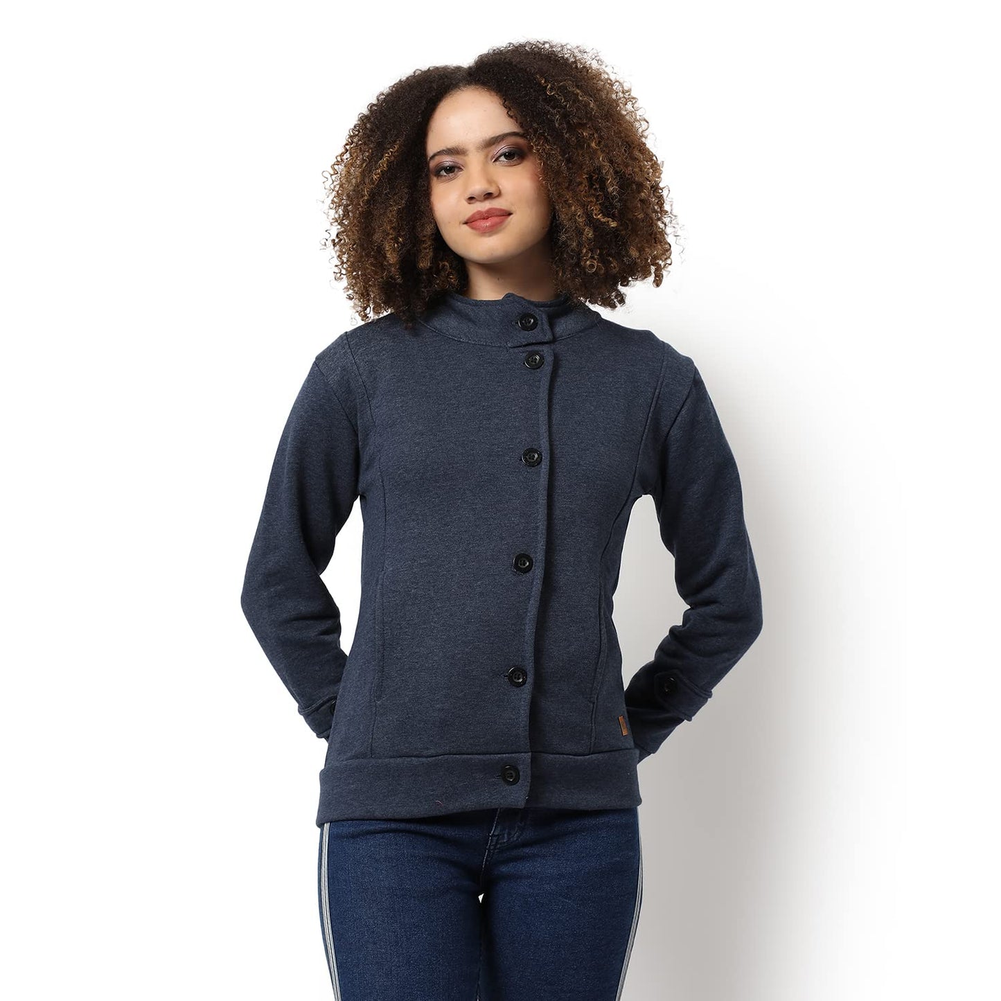 Campus Sutra Women Navy Blue Solid Regular Fit Cotton Jacket For Winter Wear | Standing Collar | Full Sleeve | Buttoned | Casual