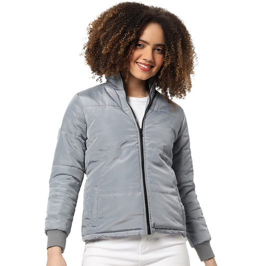 Campus Sutra Women Grey Puffer Regular Fit Bomber Jacket For Winter Wear | Standing Collar | Full Sleeve | Zipper | Casual Jacke