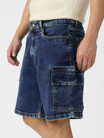 The Souled Store Denim: Ocean Blue Men and Boys Buttoned Solid Knee Length Cotton Blend Denim Shorts