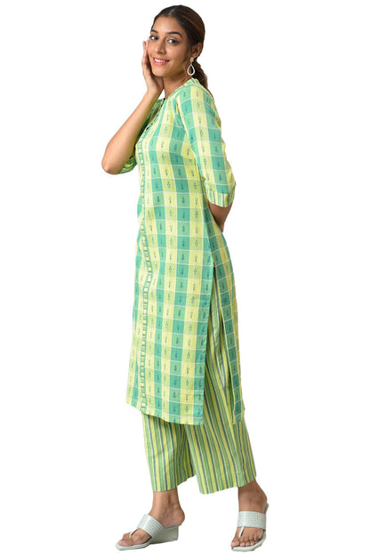 Aurelia Women's Cotton Green Geometric Band Collar Straight Kurta Set