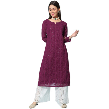 Gufrina WomenS Georgette Straight Kurta Palazzo With Notch Neck 3/4Th Sleeves Solid Pattern Chikankari Work Calf Length And Reg