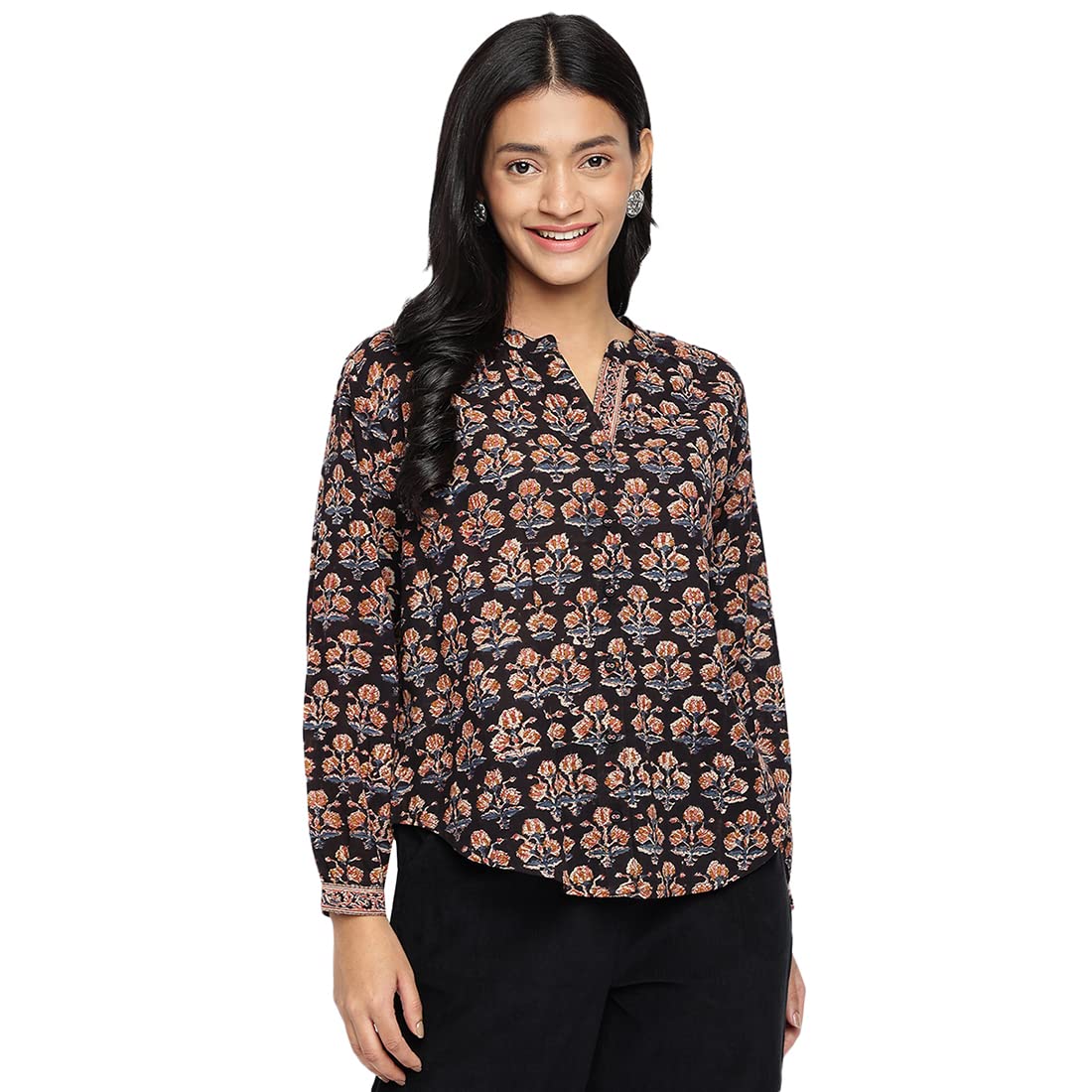 Fabindia Relaxed Fit Women Black Cotton Printed Kalamkari Top (210677001