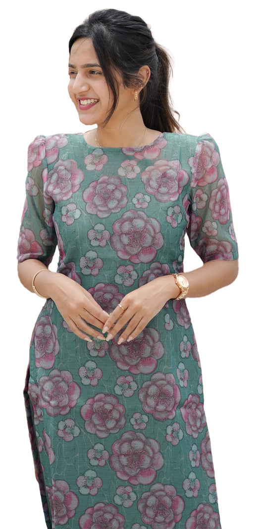 24 Carat Suit WomenS Chanderi Printed Long Kurti | Ethnic Stitched Kurta For Women | Festive & Casual Wear | Elegant Traditiona