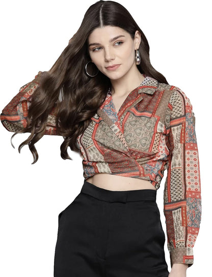 Pujia Mills Womens Brown Patch Tie Knot Crop Shirt Top Full Sleeve (Avina 51) Multicolor