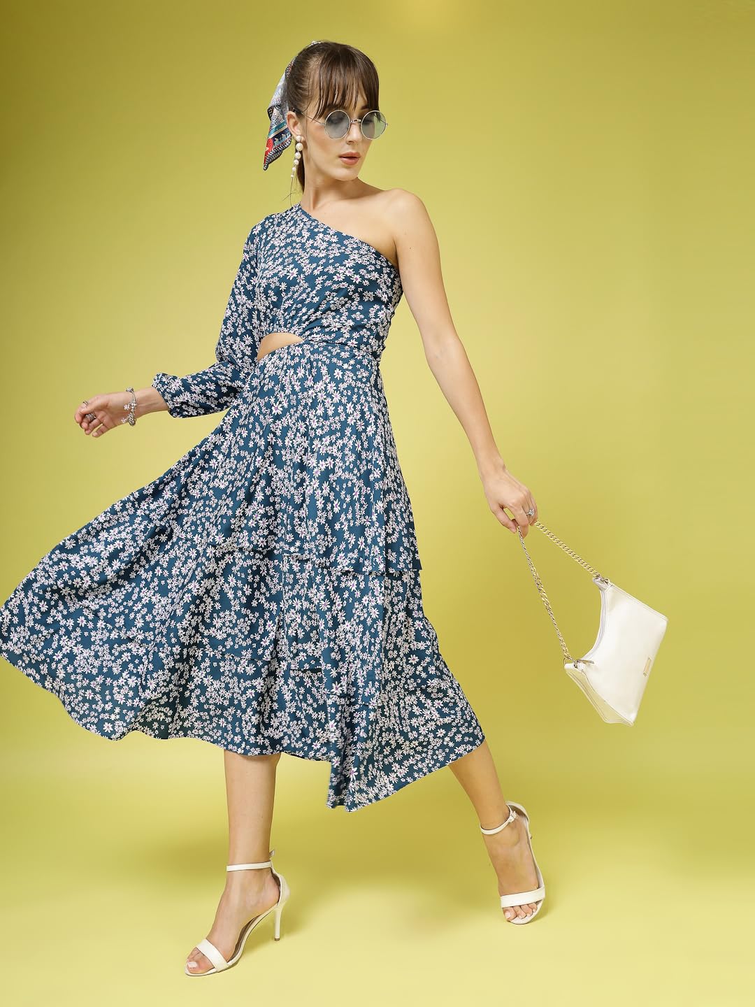 Oomph! WomenS Western & Fusion Wear Printed Crepe Dress For Women, One Shoulder, Blue - Md1066