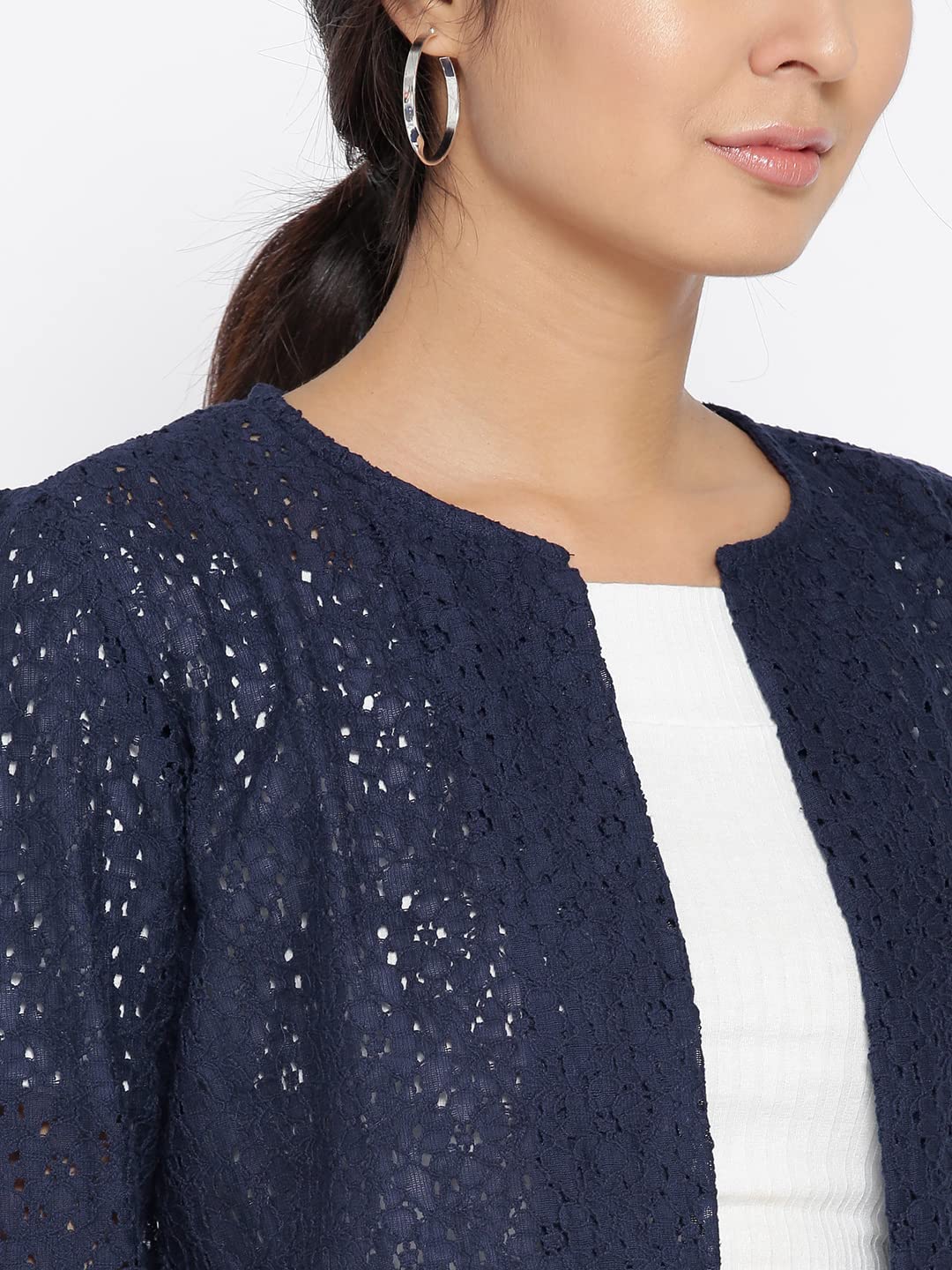 Style Quotient Women Navy Self Design Floral lace Regular Open Front Shrug