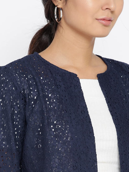 Style Quotient Women Navy Self Design Floral lace Regular Open Front Shrug