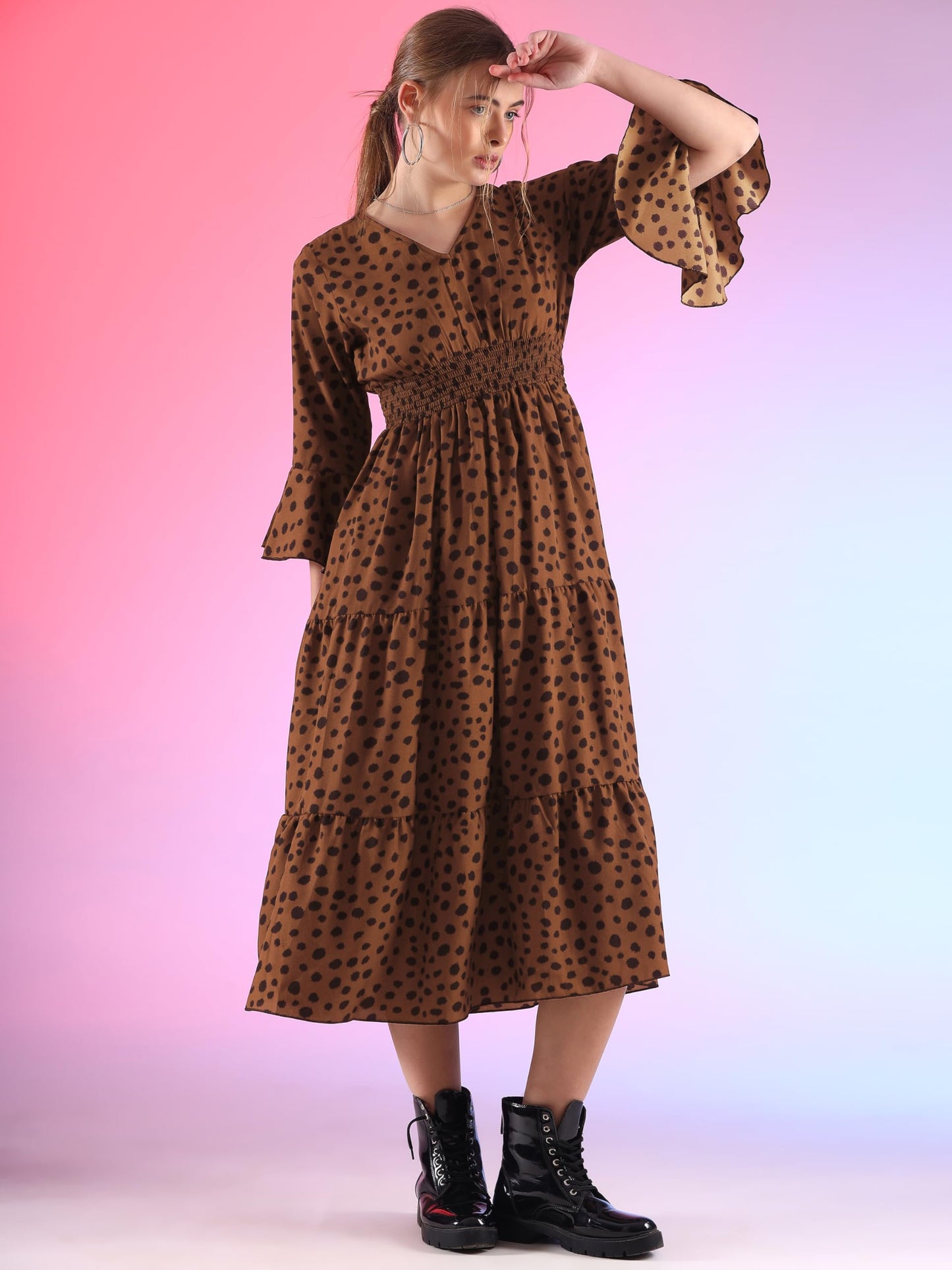 Sheetal Associates WomenS Crepe Midi Frock Dress With 3/4 Flare Sleeves V- Neck Polka Dots Pattern And Fit & Flare Calf Length