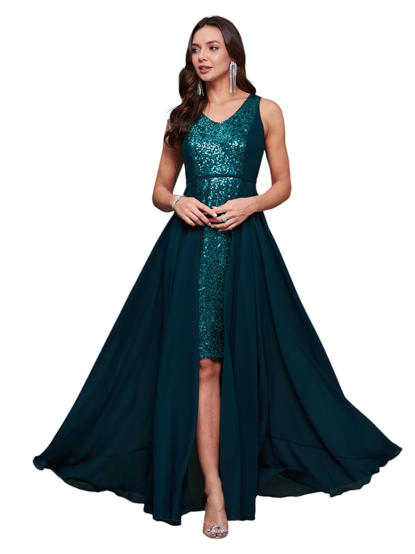 Miss Chase WomenS V-Neck Sleeveless Embellished Layered Georgette Maxi Dress (Mcss24D13-88-83-05, Teal, L)