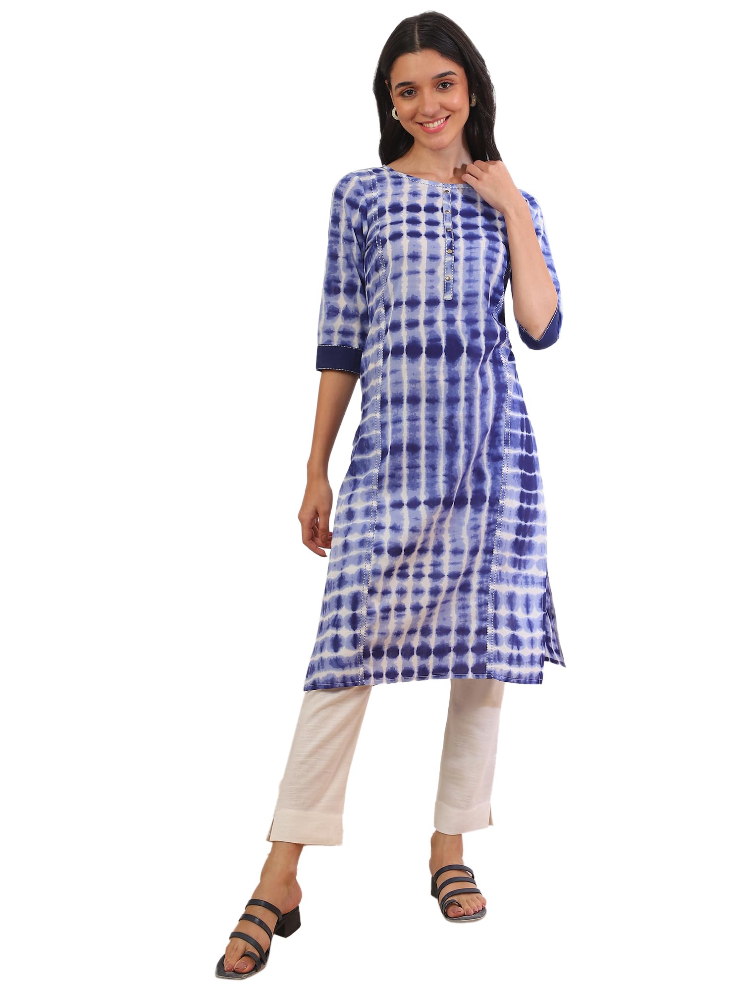 Aurelia Women's Blue Printed Pure Cotton Straight Kurta