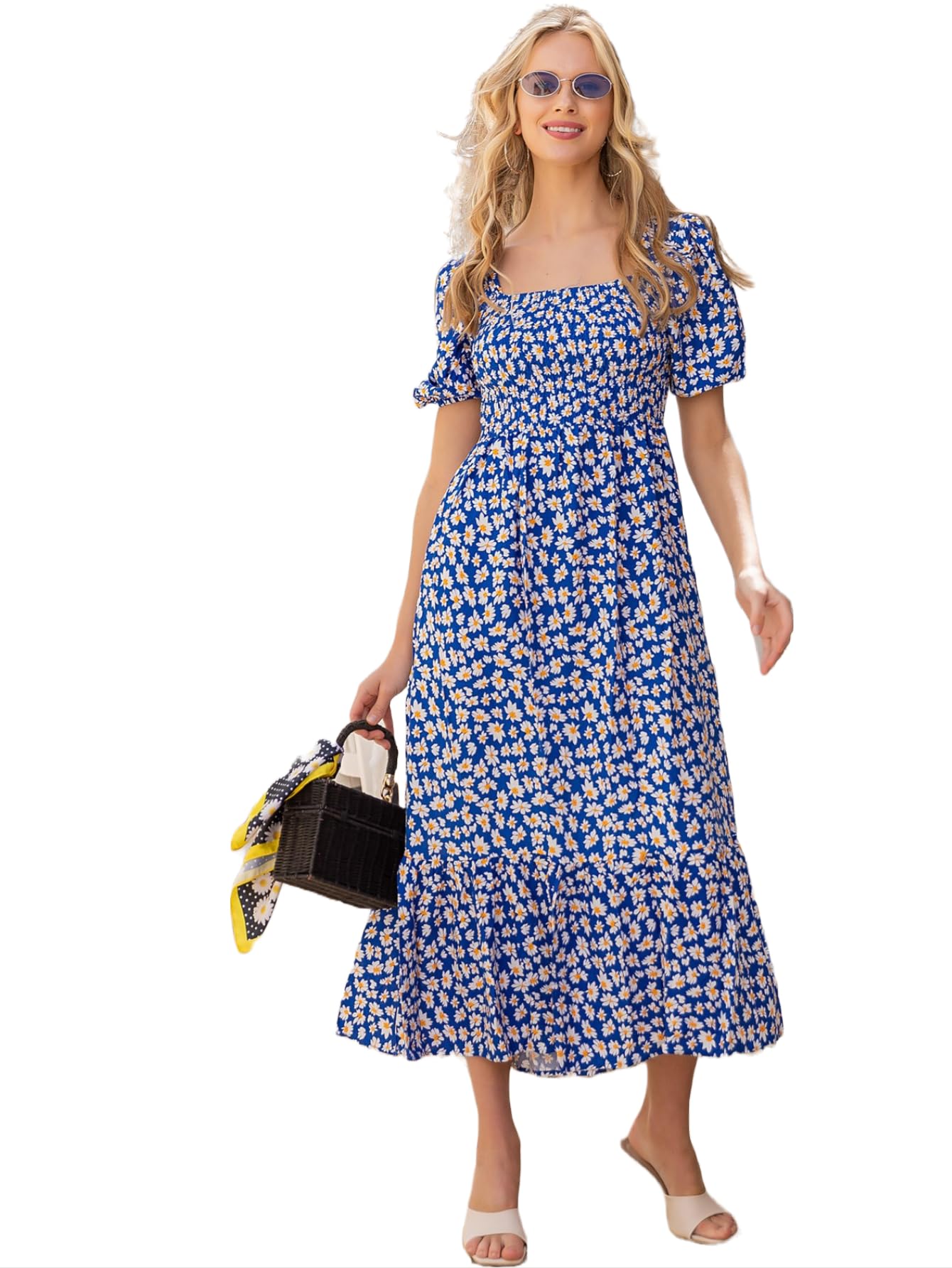 Sheetal Associates WomenS Casual Flower Print Puff Sleeves Maxi Dress - Pack Of 1 Blue