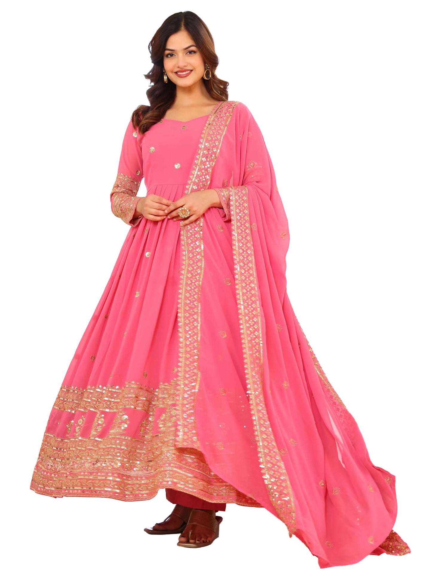 Fashion Basket Georegtte Anarkali Long Dress For Women Pink
