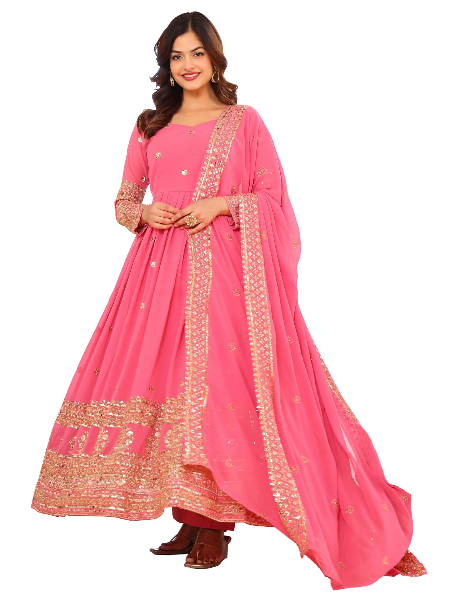 Fashion Basket Georegtte Anarkali Long Dress For Women Pink