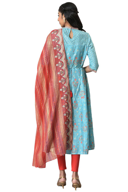Aurelia Women's Floral Print Silk Kurta Set with Leggings & Dupatta