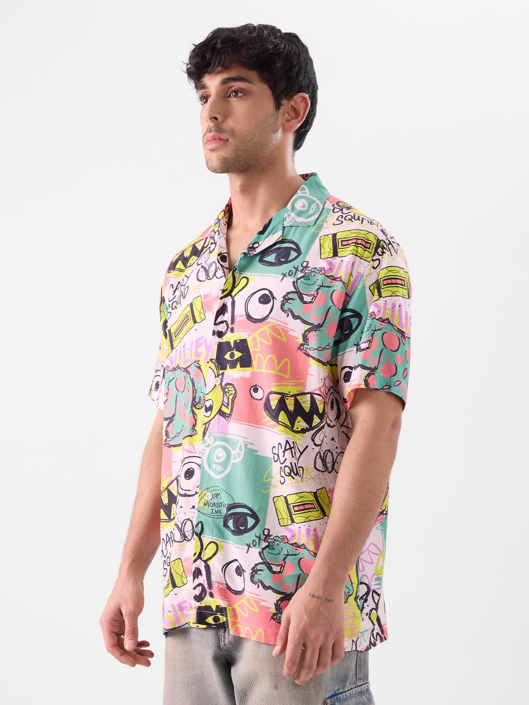 The Souled Store Monsters Inc: Yikes Men and Boys Short Sleeves Collared Neck Button Front All Over Printed Rayon Holiday Shirts