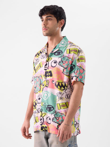 The Souled Store Monsters Inc: Yikes Men and Boys Short Sleeves Collared Neck Button Front All Over Printed Rayon Holiday Shirts