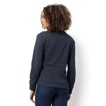 Campus Sutra Women Navy Blue Solid Regular Fit Cotton Jacket For Winter Wear | Standing Collar | Full Sleeve | Buttoned | Casual