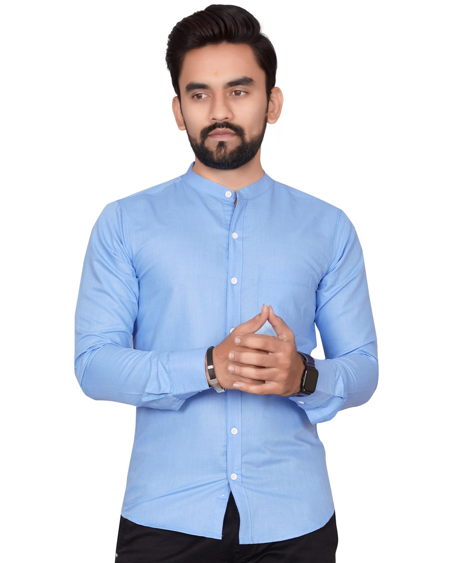Besix MenS Cotton Solid Shirt With Mandarin Collared Full Sleeve Button Closure Curved Hem Straight Length And One Pocket | Mdr
