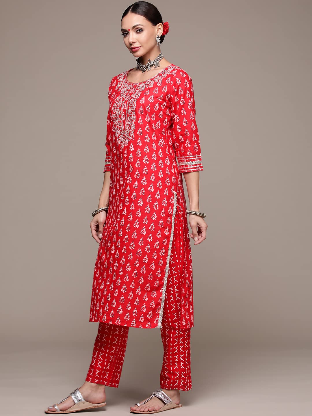anubhutee Women's Cotton Red Abstract Printed Straight Kurta Suit Set With Pants And Dupatta
