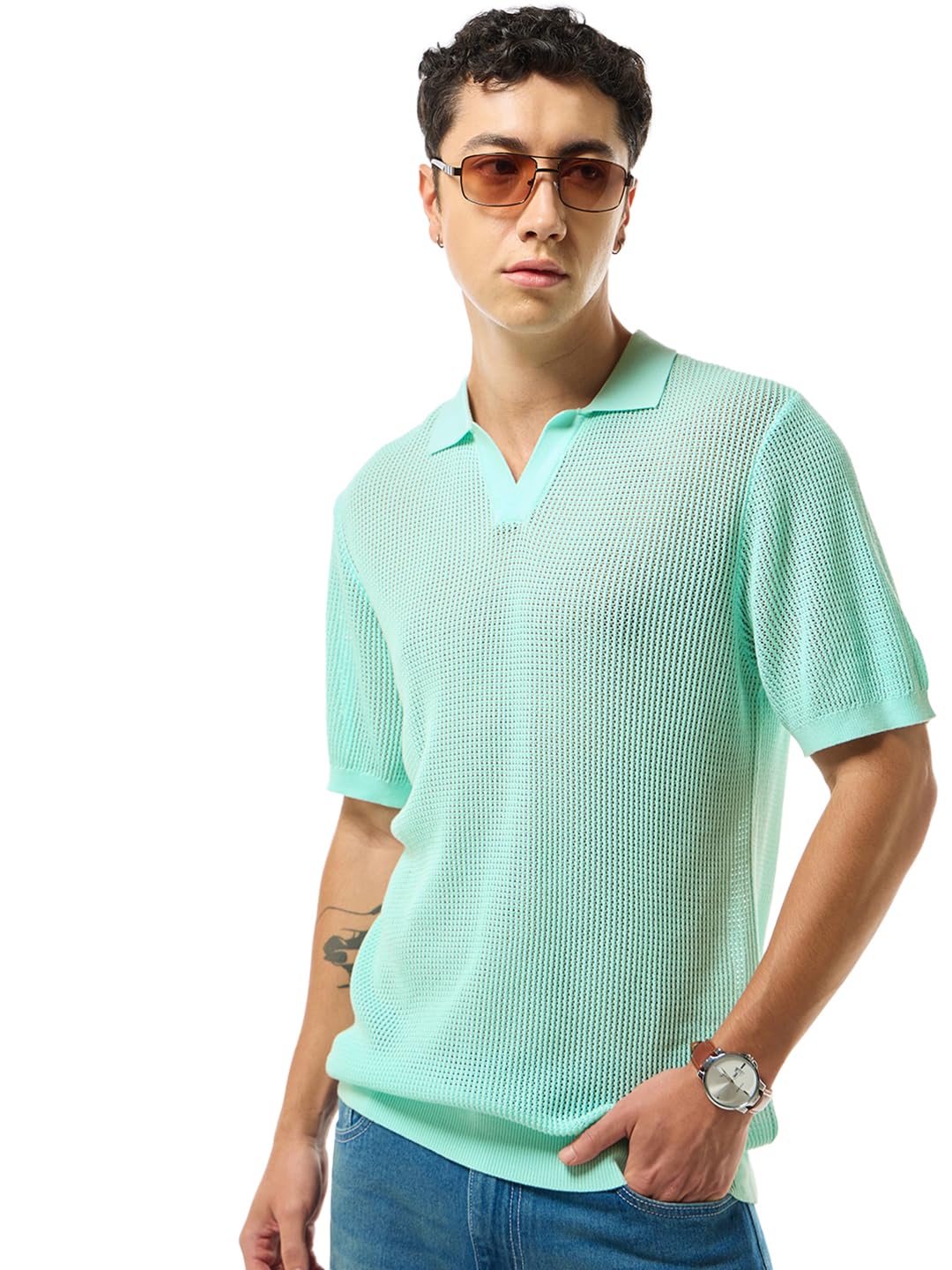 Bewakoof MenS Solid Regular Fit Half Sleeve Polo Cotton Flatknit Polo T-Shirt_634382_Green_Xl