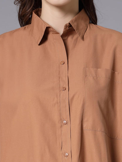 Style Quotient Women Solid Tan Cotton Smart Casual Oversized Shirt