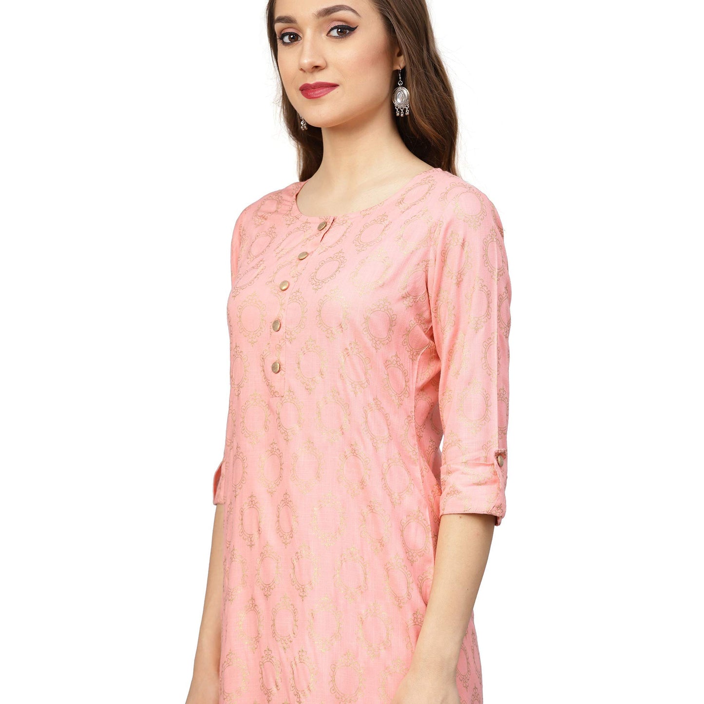 idaLia Women's Peach Printed Rayon Kurta with Pants