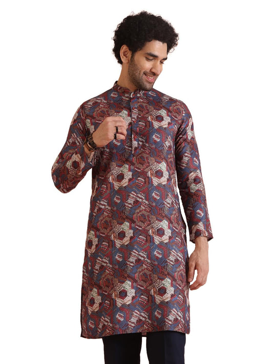 Kisah Men Berry Ethnic Motifs Printed Mandarin Collar Straight Kurta Full Sleaves, Knee Length, Straight, Regular Fit, Mandarin