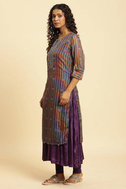 W For Woman Purple Striped Synthetic Zari Digital Kurta Dupatta Bottomwear