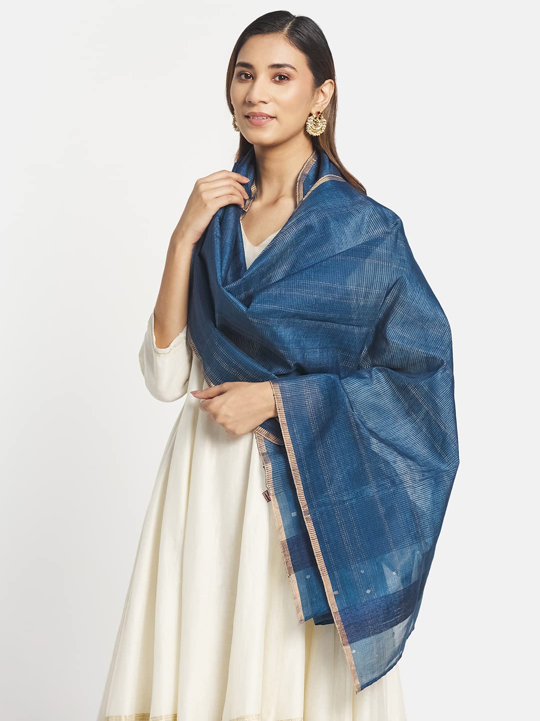Fabindia Teal Silk Jamdani Stole (Free Size)