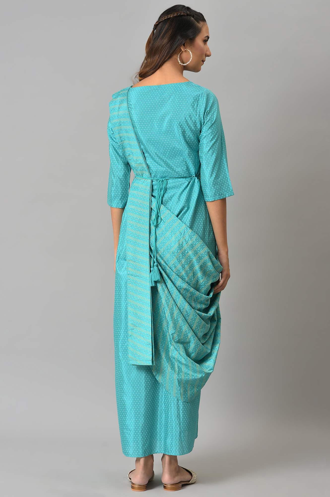 W for Woman Womens Polyester Teal Insta Saree Dress with Embroidered Belt Ankle Length 22AUW18050-120234