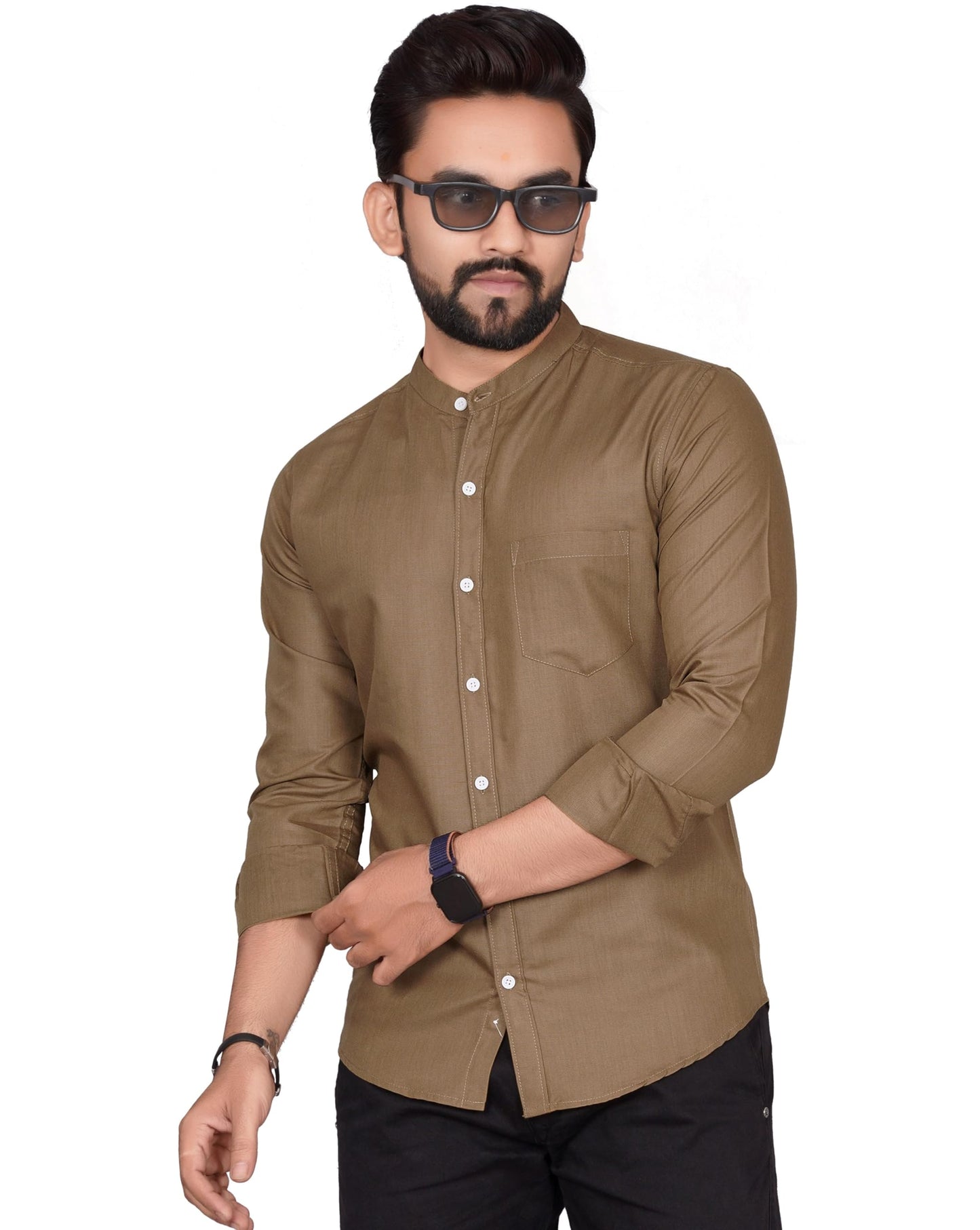 Besix MenS Cotton Solid Shirt With Mandarin Collared Full Sleeve Button Closure Curved Hem Straight Length And One Pocket | Mdr