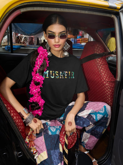The Souled Store Desi Rebel: Musafir Women and Boys Short Sleeves Round Neck Black Embroidered Cotton Oversized T-Shirts