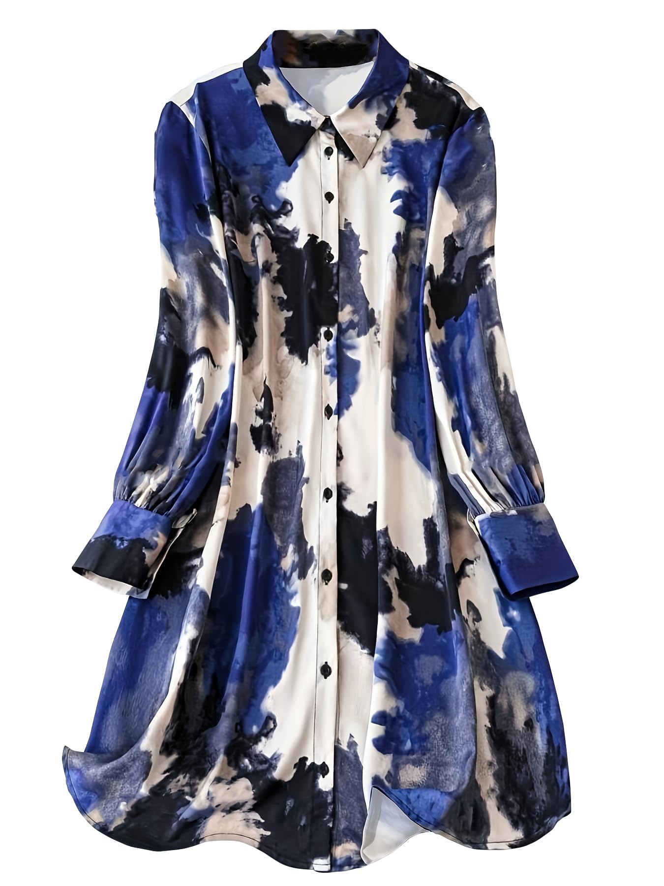 Shasmi WomenS & GirlS Blue And Black Tie Dye Print Button Front Shirt Dress, Elegant Long Sleeve Dress For Spring & Fall, Wome