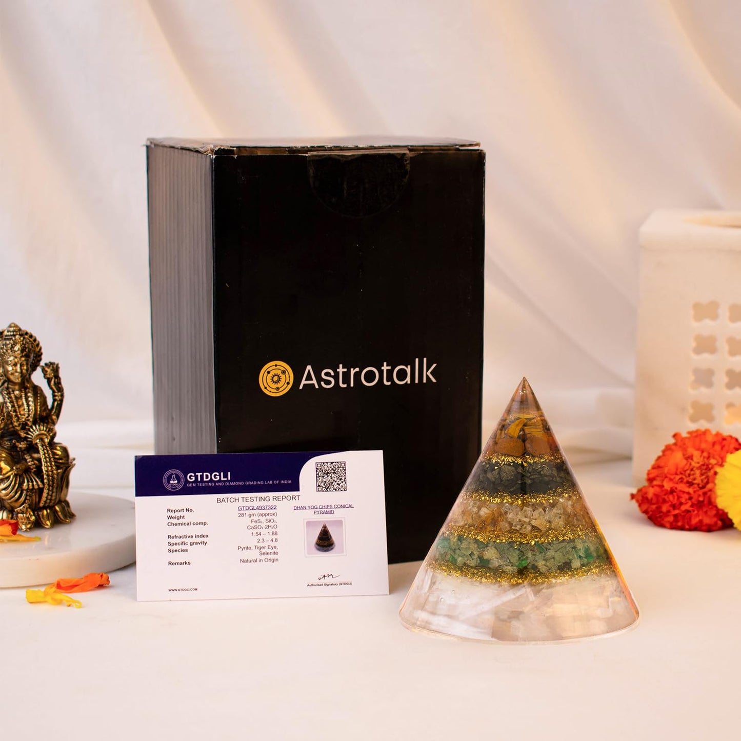 Astrotalk Conical Dhan YOG Resin Pyramid with Selenite Base | Home Decor Items for Wealth, Money & Business Growth | Vastu Items for Home & Mandir | Decorative Items for Living Room
