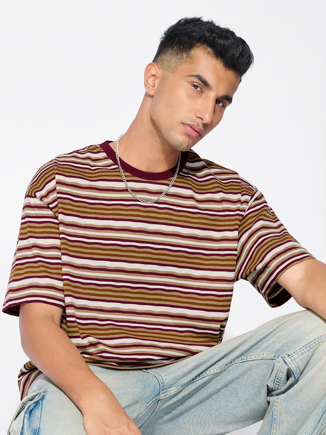 The Souled Store Textured Stripes: Urban Sands Men and Boys Short Sleeve Round Neck Cotton Blend Brown Oversized T-Shirts