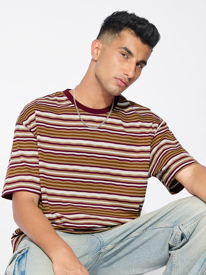 The Souled Store Textured Stripes: Urban Sands Men and Boys Short Sleeve Round Neck Cotton Blend Brown Oversized T-Shirts