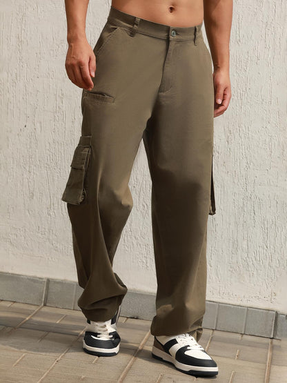 Hubberholme Men Olive Cotton Loose Mid-Rise Trousers