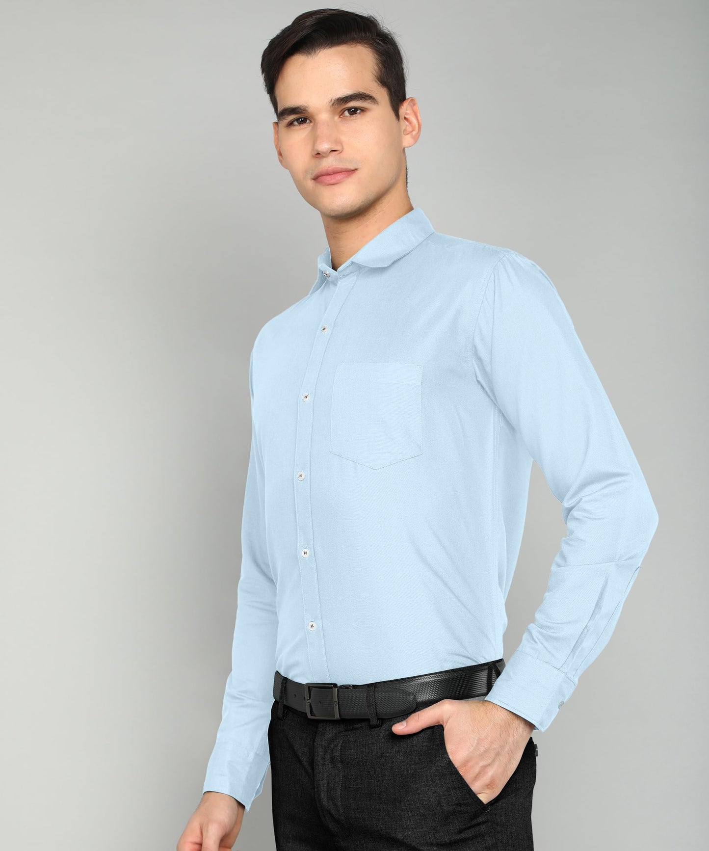 Mildin MenS Regular Cotton Blend Light Blue Slim Fit Solid Button Down Spread Collar Full Sleeve Curved Hemline Formal Shirt Wi