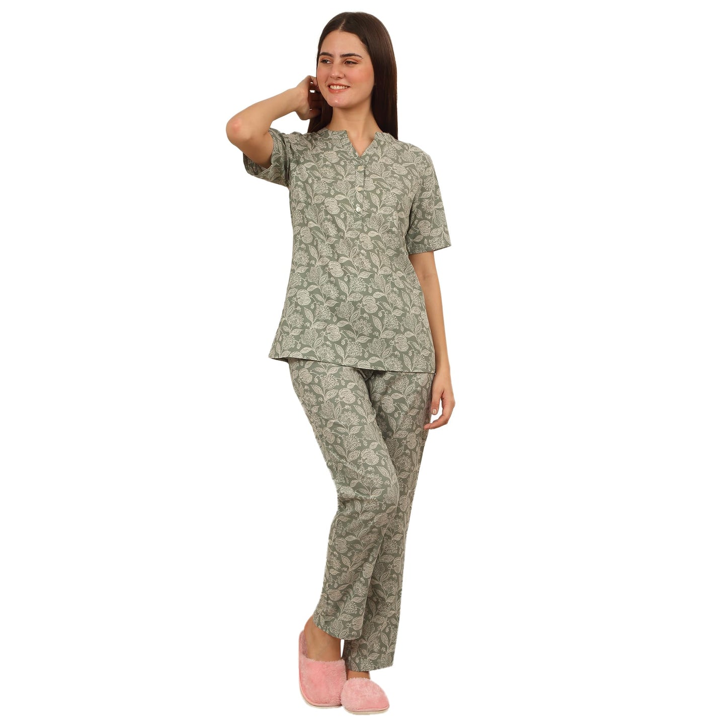 Sweet Dreams Women Printed Pyjama Set Olive Green