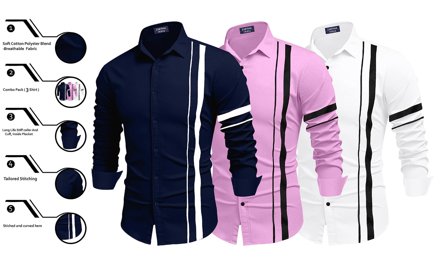 Zartha Combo Of Men Cotton Polyester Blend Regular Fit Casual Shirt Pack Of 3