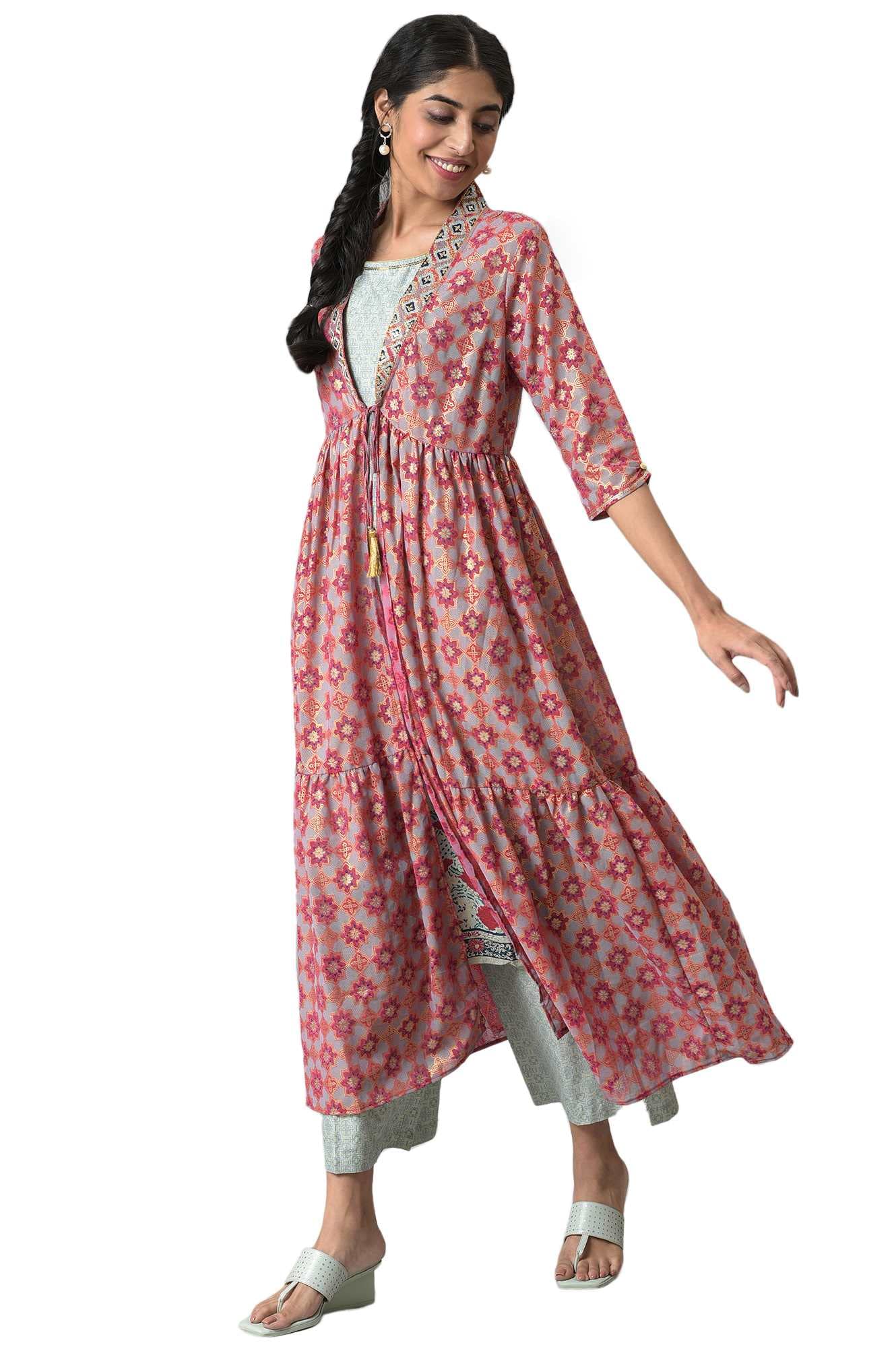 Aurelia Women's Geometric Print Georgette Kurta Set with Palazzos & Shrug