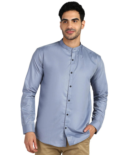 Mildin MenS Regular Cotton Blend Bluish Grey Slim Fit Solid Button Down Mandarin Chinese Collar Full Sleeve Curved Hemline Casu