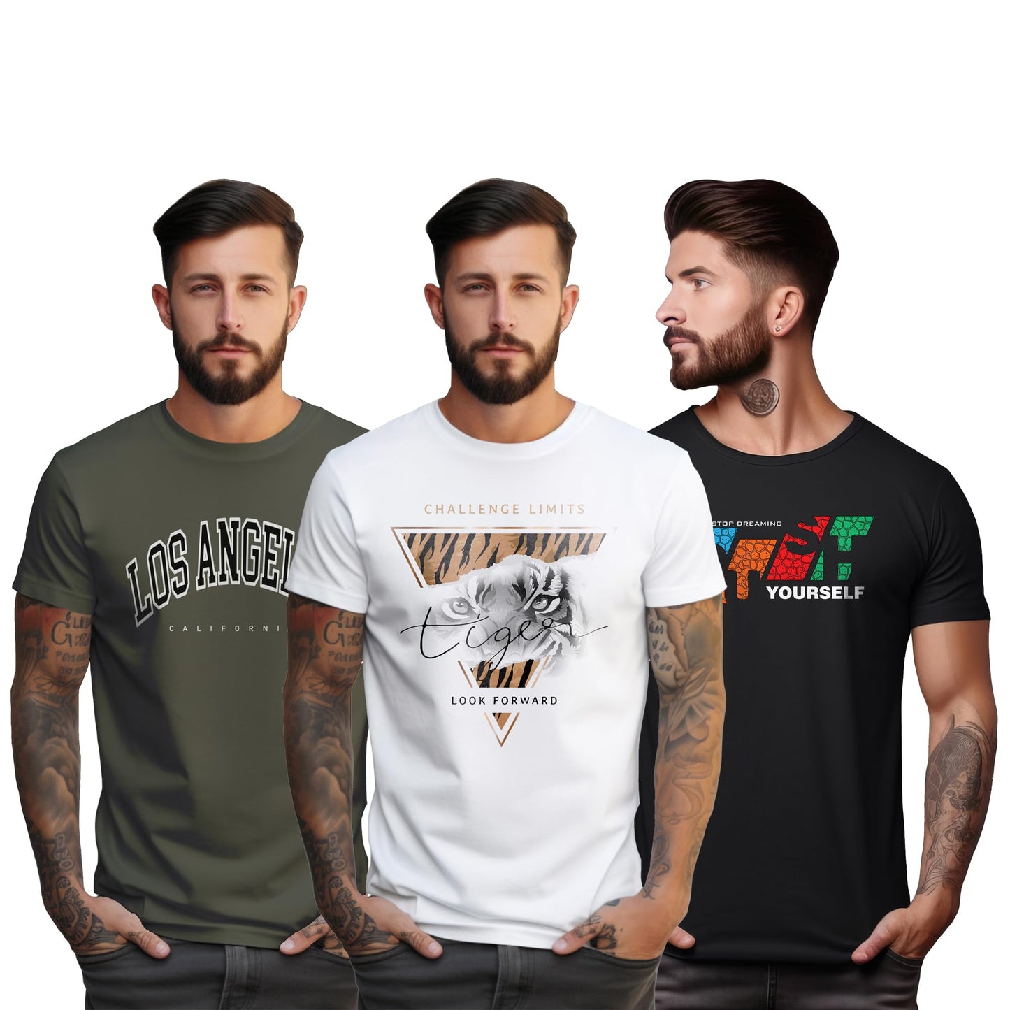 Peppyzone S to 5XL Stylish Printed Cotton Round Neck Tshirt for Men - 100% Cotton, Half Sleeve, Combo Pack of 3 T Shirts for Men