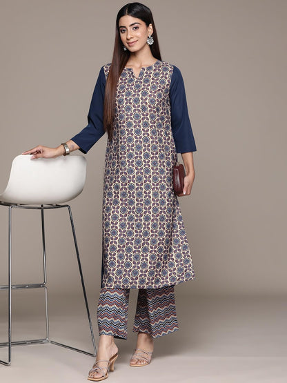 ZIYAA Women's Blue Crepe Straight Kurta and Palazzo Set