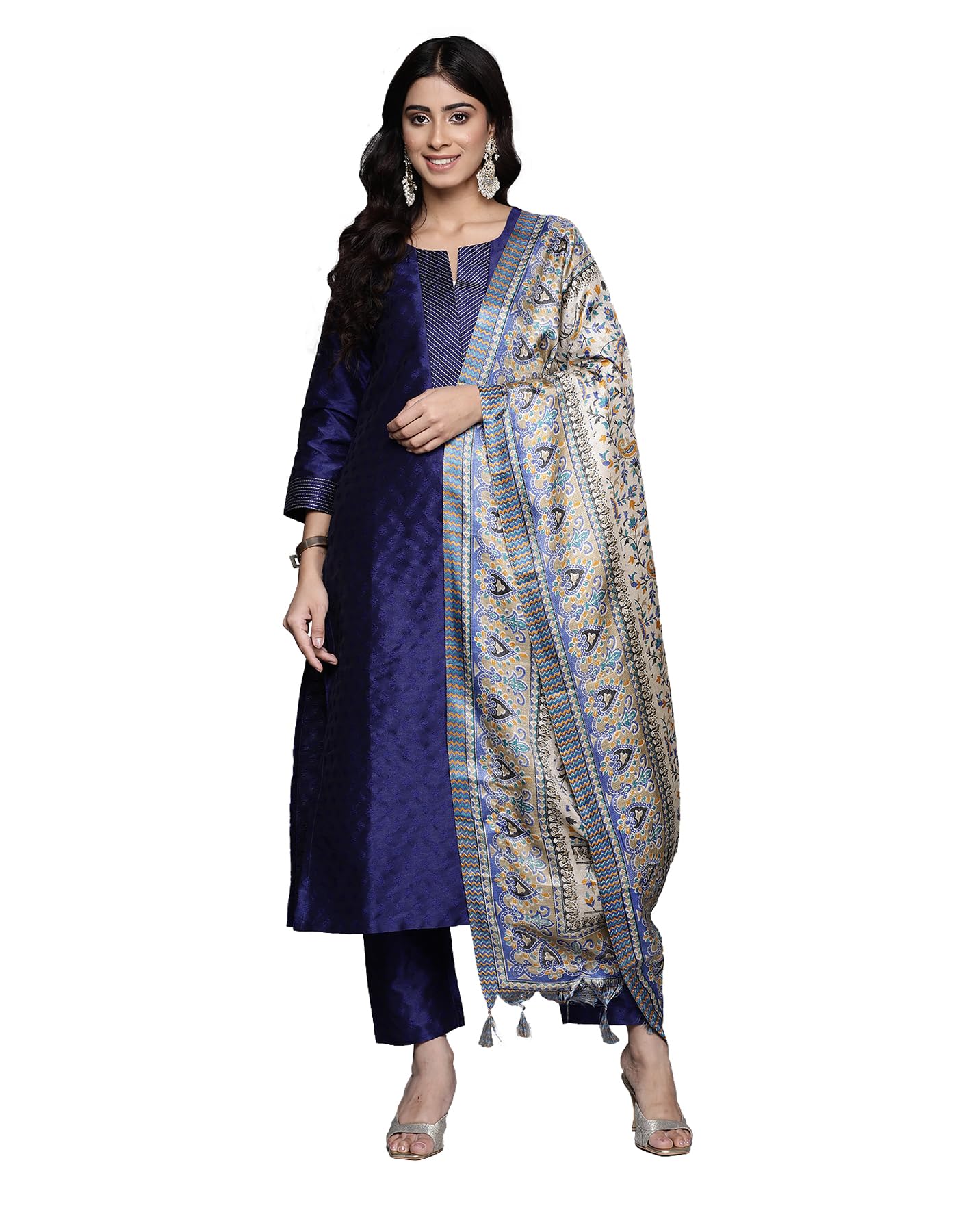 Varanga Women Navy Blue Woven Zari Embroidered Kurta Set With Bottom & Printed Bhagalpuri Dupatta  Round Neck, Zari Work At Plac