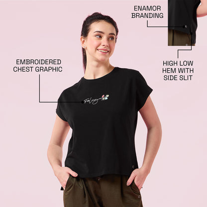 Enamor Womens Solid Relaxed Fit T-Shirt (E3G7_JetBlack Feeling