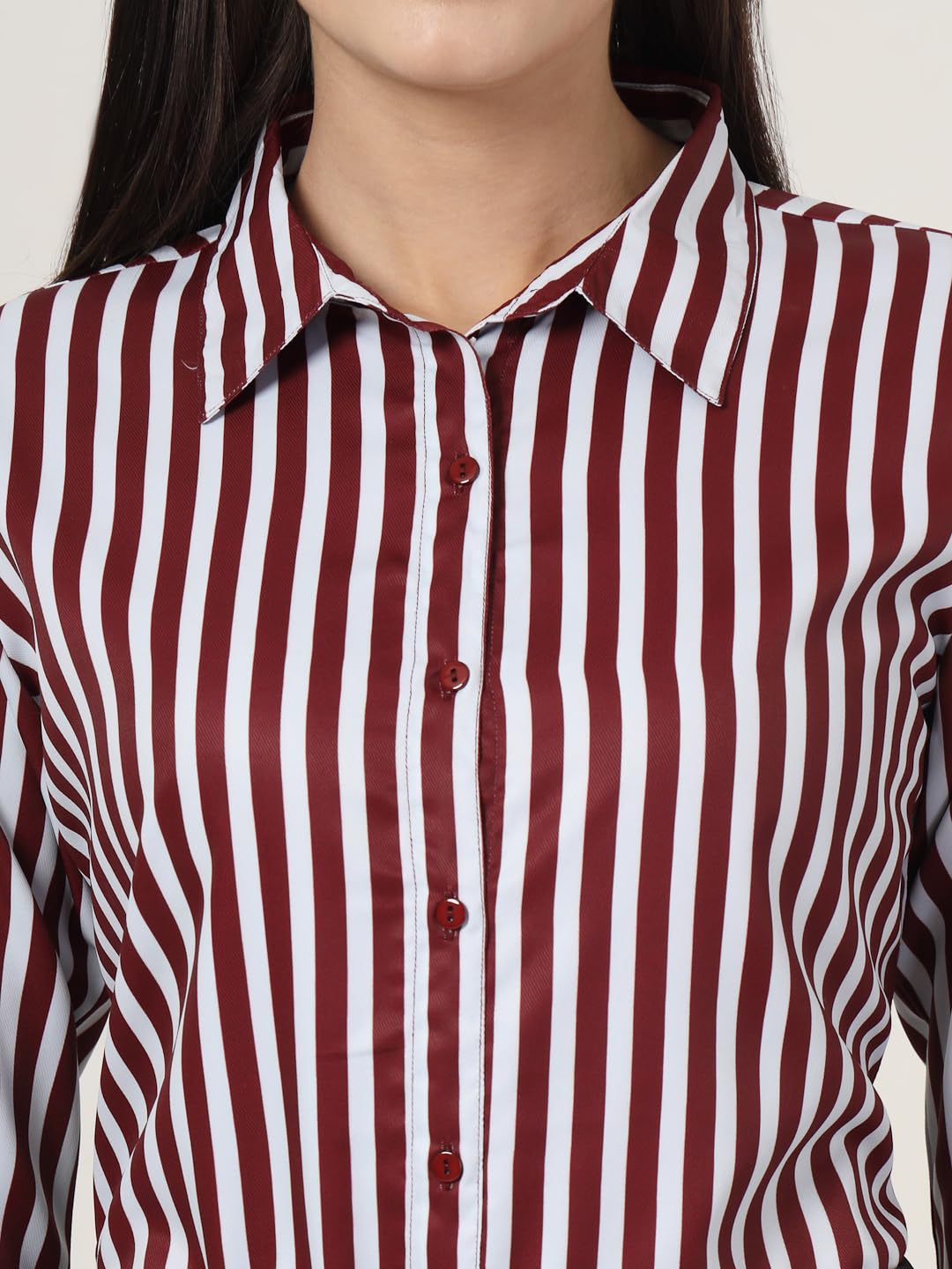 Style Quotient Women Maroon and White Stripe Printed Polyester Regular Fit Formal Shirt
