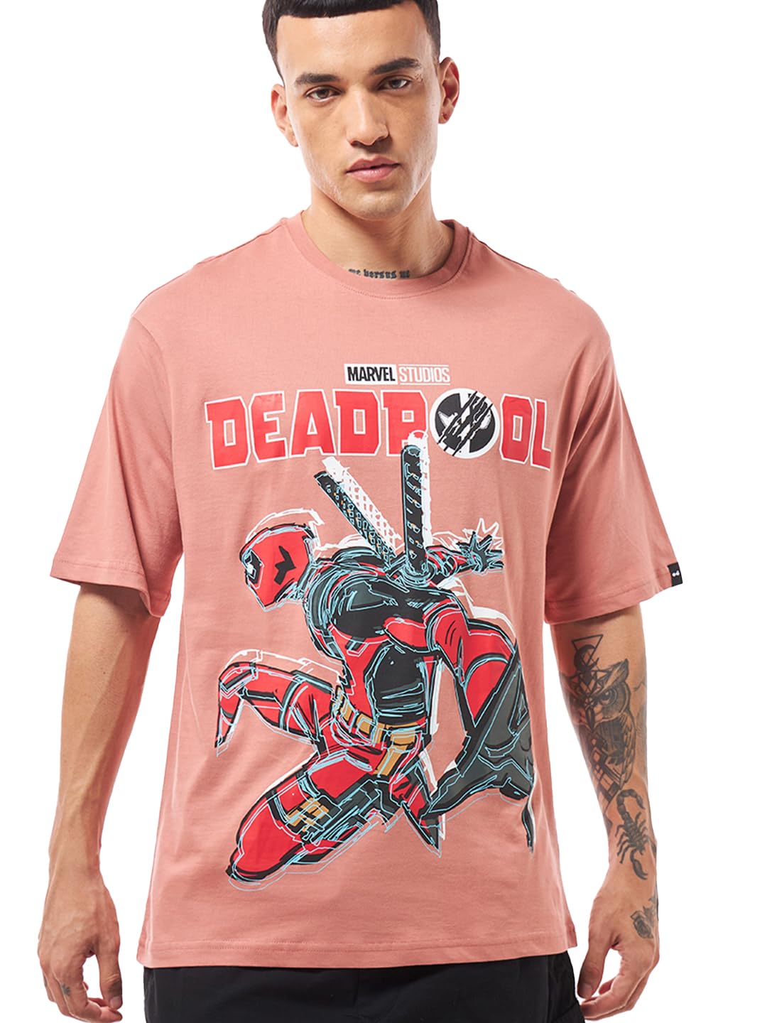 Bewakoof Official Marvel Merchandise Deadpool Mens Graphic Print Oversized Fit Half Sleeve Round Neck Cotton Jersey T-Shirt_644