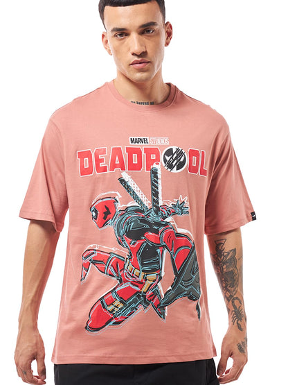 Bewakoof Official Marvel Merchandise Deadpool Mens Graphic Print Oversized Fit Half Sleeve Round Neck Cotton Jersey T-Shirt_644