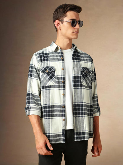 Dennis Lingo Men Flannel Check 100%-Cotton Relaxed-Fit Full-Sleeves Shirts White